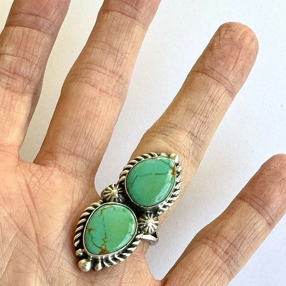 Navajo Turquoise Ring Two Stone Size 7 Signed Shakey Long Sterling